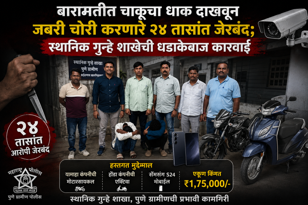 बारामतीत चाकूचा धाक दाखवून जबरी चोरी करणारे २४ तासांत जेरबंद; स्थानिक गुन्हे शाखेची धडाकेबाज कारवाई